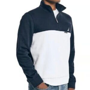 Nautica 1/4 Zip Mens Sweatshirt Sweater Navy White Medium